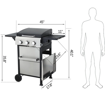 CAVINAS 3-Burner Propane Gas BBQ Grill,36900BTU Output Outdoor Grill With Hanging Basket&Foldable Side Table,Enameled Cast Iron Cooking Grids