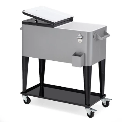 JOMEED 80 Quart/20 Gallon Wheeled Rolling Outdoor Patio And Deck Cooler Cart Ice Chest With Shelf, Drainage Hole Plug And Bottle Opener, Silver