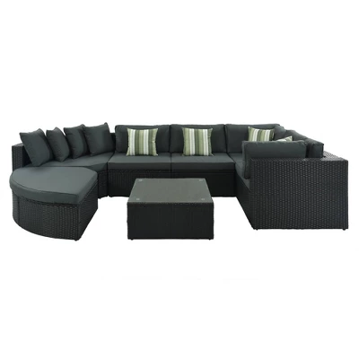7pc Wicker Patio Seating Set With Cushions & Striped Pillows - Gray - GODEER - Image 14