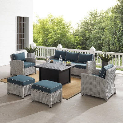 Bradenton 6pc Outdoor Wicker Sofa And Arm Chair Seating Set With Dante Fire Table And 2 Ottomans - Navy/Gray - Crosley - Image 3