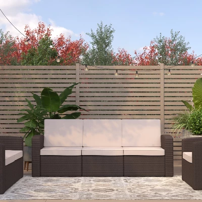 Merrick Lane Outdoor Furniture Resin Sofa Chocolate Brown Faux Rattan Wicker Pattern Patio 3-Seat Sofa With All-Weather Beige Cushions