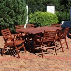 Sunnydaze Decor Sunnydaze Outdoor Meranti Wood With Teak Oil Finish Patio Family Dining Table And Chairs Set - Brown - 7pc