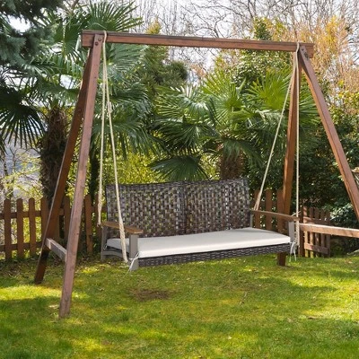 Tangkula 2-Seat Rattan Porch Swing Chair Outdoor Wicker Swing Bench W/ Seat Cushion - Image 2