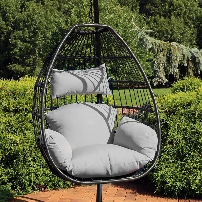 Sunnydaze Decor Sunnydaze Outdoor Resin Wicker Delaney Hanging Basket Egg Chair Swing With Cushions And Headrest - Gray - 2pc