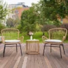 3pc Outdoor Wicker Chairs With Glass Top Table & Soft Cushions - Brown - WELLFOR