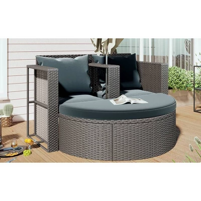2pc Outdoor Wicker Conversation Sectional Set With Cushions & Half-Moon Side Table For Umbrella - Gray - GODEER - Image 2