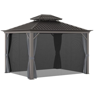 Outsunny Patio Gazebo 10' X 12', Netting & Curtains, 2 Tier Double Vented Steel Roof, Hardtop, Ceiling Hooks, Rust Proof Aluminum, Gray - Image 3