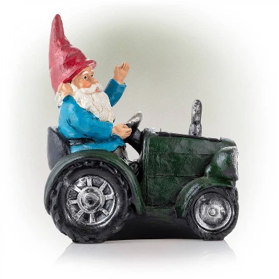 10" Polyresin Solar Tractor Riding Gnome With LED Lights Green - Alpine Corporation - Image 3