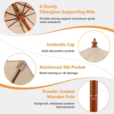 Costway 9.5 FT Patio Rope Pulley Wooden Umbrella Market W/Fiberglass Ribs Outdoor Beige - Image 9