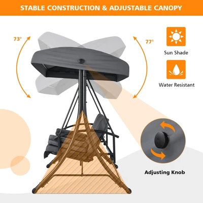 Costway Patio 3-Seat Porch Canopy Swing Converting Grey Cushion Pillow Adjust - Image 6