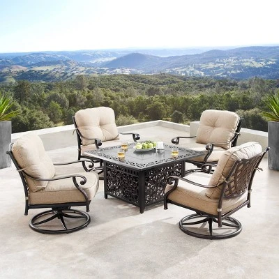 Oakland Living 5pc Deep Seating Swivel Aluminum Outdoor Patio Fire Pit Dining Set Copper