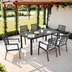 7 Piece Outdoor Patio Dining Set With Rectangular Table And Six Stationary Chairs Cast Aluminum Weather Resistant Sunbrella Cushions-Maison Boucle