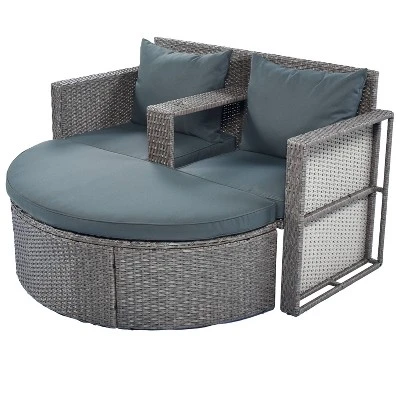 2pc Outdoor Wicker Conversation Sectional Set With Cushions & Half-Moon Side Table For Umbrella - Gray - GODEER - Image 6