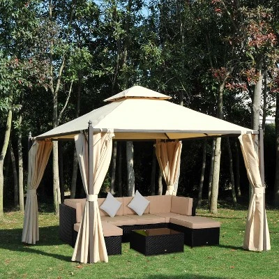 Outsunny 10' X 10' Steel Outdoor Patio Gazebo With Polyester Privacy Curtains, Two-Tier Roof For Air, & Large Design - Image 2