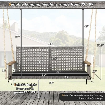 Costway 2-Person Patio Wicker Hanging Swing Chair Loveseat Cushion Porch RedBlack - Image 3