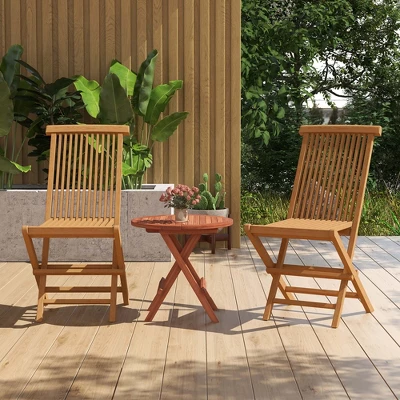 Costway 2 PCS Patio Folding Chair Teak High Back Dining Slatted Seat Portable Outdoor - Image 3