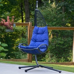 Cushioned Rattan Wicker Hanging Chair With Stand - Blue - Algoma