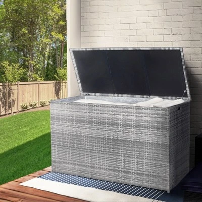 Teamson Home Wicker 154 Gallon Outdoor Deck Box For Cushions Storage, Gray - Image 2