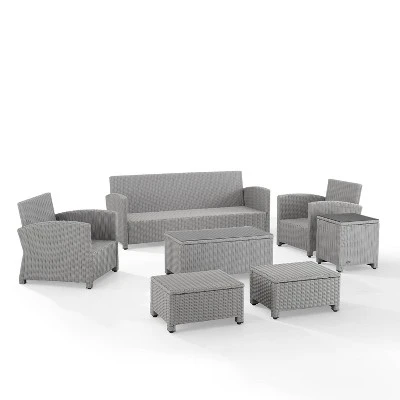 Bradenton 7pc Outdoor Wicker Sofa And Arm Chair Seating Set With Coffee Table, Side Table And 2 Ottomans - Navy/Gray - Crosley - Image 8