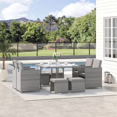Outsunny 9 Piece Patio Wicker Dining Sets, Space Saving Outdoor Sectional Conversation Set, With Dining Table, Ottoman - Image 2