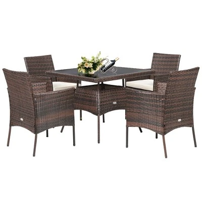 Costway 5PCS Patio Rattan Dining Furniture Set Armrest Sofa Chair Glass Table - Image 9