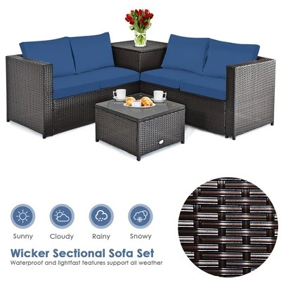 Costway 8PCS Outdoor Patio Rattan Furniture Set Cushioned Loveseat Storage Table Navy - Image 8