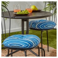 Set Of Two 15" Sapphire Stripe Outdoor Bistro Chair Cushions - Kensington Garden