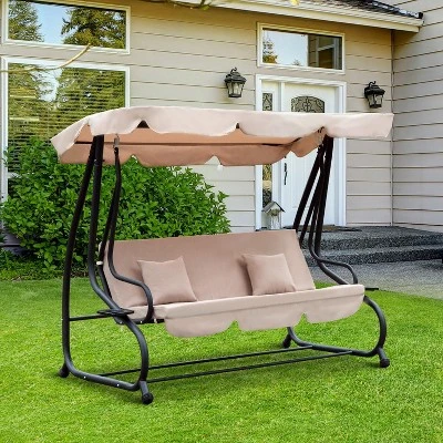 Outsunny 3 Seat Outdoor Free Standing Swing Bench Porch Swing With Stand, Comfortable Cushioned Fabric & Included Canopy - Image 2