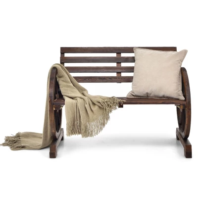 Costway Outdoor Wooden Wagon Wheel Garden Bench 2-Person Slatted Seat Armrests Rustic - Image 9