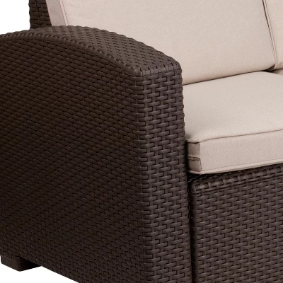 Merrick Lane Outdoor Furniture Resin Sofa Chocolate Brown Faux Rattan Wicker Pattern Patio 3-Seat Sofa With All-Weather Beige Cushions - Image 10