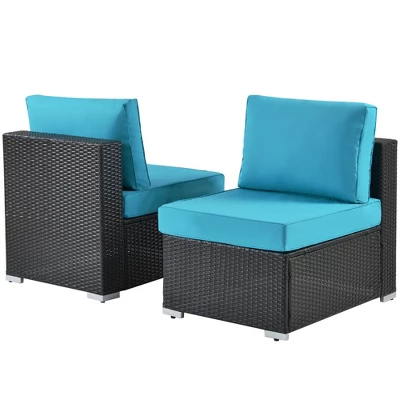 5pc Wicker Patio Sectional Seating Set With Cushions - Espresso/Blue - GODEER - Image 9