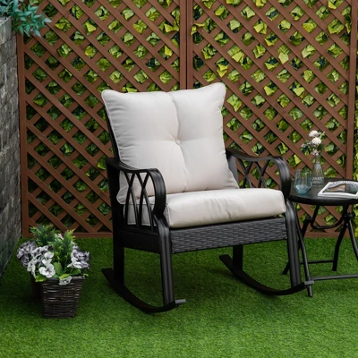 Outsunny Outdoor Wicker Rocking Chair With Padded Cushions, Aluminum Furniture Rattan Porch Rocker Chair W/ Armrest For Garden, Patio, And Backyard - Image 2
