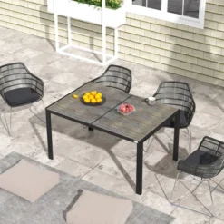 Outsunny Outdoor Dining Table For 6 People, Aluminum Rectangular Patio Table With Faux Wood Tabletop For Backyard, Lawn, 55" X 35.5", Gray