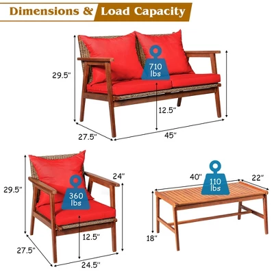 Costway 4PCS Patio Rattan Furniture Set Acacia Wood Frame Cushioned Sofa Chair - Image 3