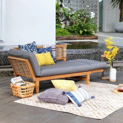 Cambridge Casual Auburn Teak & Wicker Outdoor Patio Daybed With Cushion Brown/Blue - Image 3