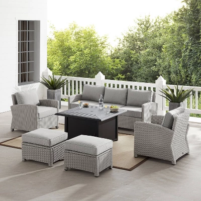 Bradenton 6pc Outdoor Wicker Sofa And Arm Chair Seating Set With Dante Fire Table And 2 Ottomans - Gray/Gray - Crosley - Image 3