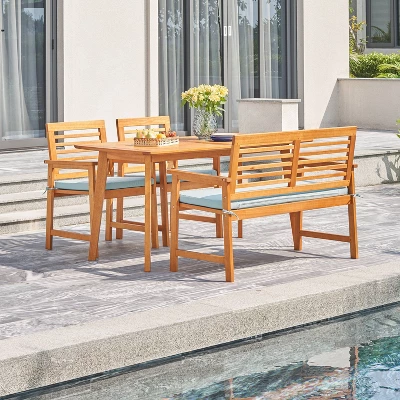 Waimea 4pc Honey Slatted Eucalyptus Wood Patio Dining Set With Bench & Cushions - Vifah