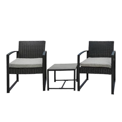 3pc Wicker Patio Conversation Set With Cushions - Black/Gray - GODEER - Image 2
