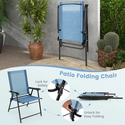 Costway Patio Portable Armrests Chair Folding Sling Back Chair Blue - Image 4