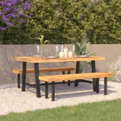 Flash Furniture All Weather Commercial Acacia Wood Top Patio Table With Metal Base-Natural/Black