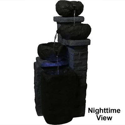 Sunnydaze Decor Sunnydaze Outdoor Polyresin Solar Powered Stone Bowls Water Fountain With LED Lights And Backup Battery - 30" - Image 2