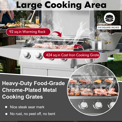 Costway 5-Burner Propane Gas BBQ Grill WithSide Burner,Thermometer,Prep Table 50000 BTU - Image 5