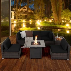 Costway 7PCS Patio Rattan Furniture Set 30'' Fire Pit Table Cover Cushion Sofa Off WhiteBlackNavyRedTurquoise