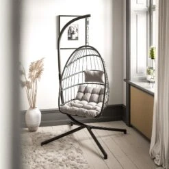 Emma And Oliver Awen Foldable Hanging Egg Chair With Woven Finish, Removable Cushions, And Included Stand For Indoor And Outdoor Use