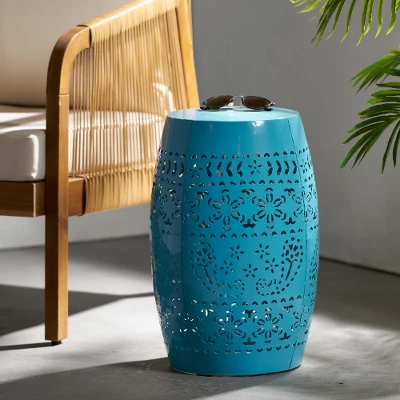 Barrel-Shaped Metal Outdoor End Table With Lace-Cut Design, Transitional Accent Table For Patio Or Indoors, Patio End Tables -Christopher Knight Home - Image 4
