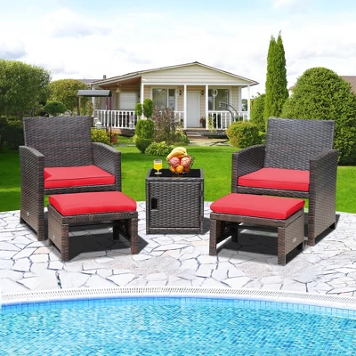 Costway 5PCS Patio Rattan Furniture Set Ottoman Cushioned W/Cover Space Saving Off White/Gray/Red/Turquoise - Image 11
