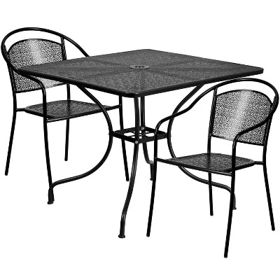 Emma And Oliver Commercial 35.5" Square Metal Garden Patio Table Set W/ 2 Round Back Chairs - Image 5