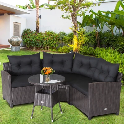 Costway 4PCS Patio Rattan Furniture Set Cushioned Sofa Glass Table Garden - Image 10