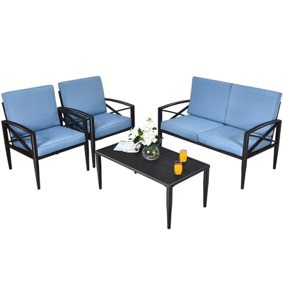 Costway 4PCS Patio Furniture Set Aluminum Frame Cushioned Sofa Chair Coffee Table Blue - Image 8
