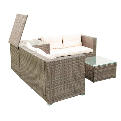 4pc Wicker Patio Seating Set With Cushions - Gray/Beige - GODEER - Image 5